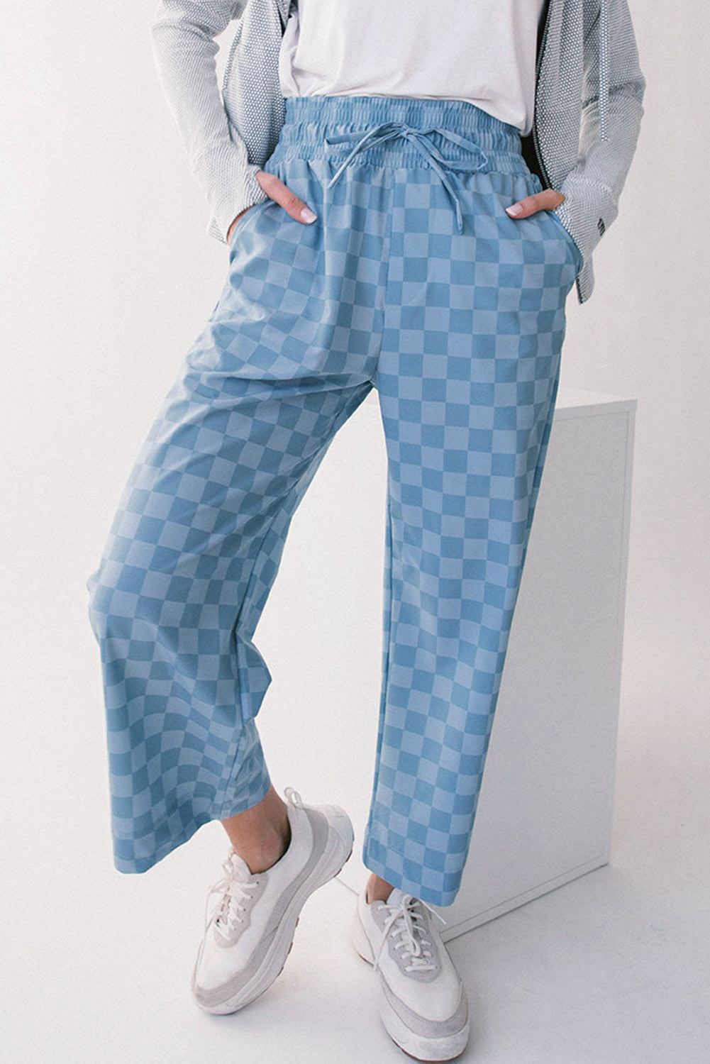 Checkered elastic waist pants (brown or blue)