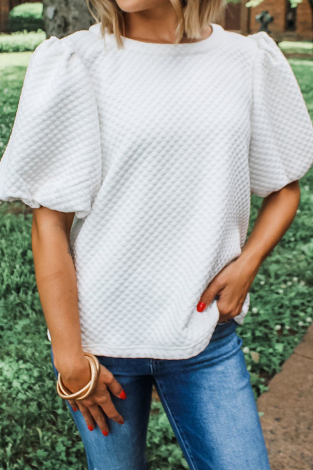 Puff sleeve textured top (white or pink)