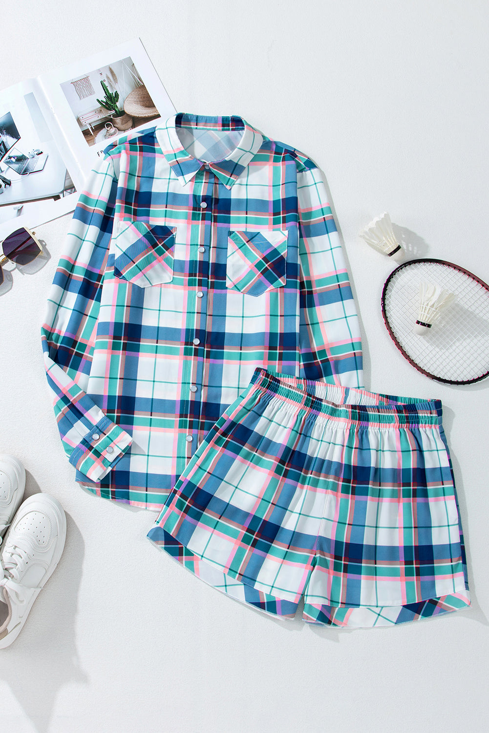 Blue plaid two piece set