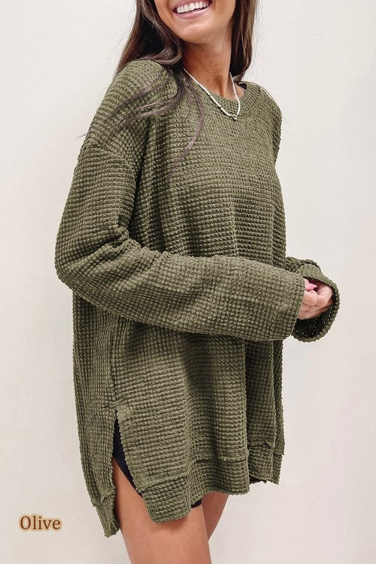 Olive waffle knit oversized top