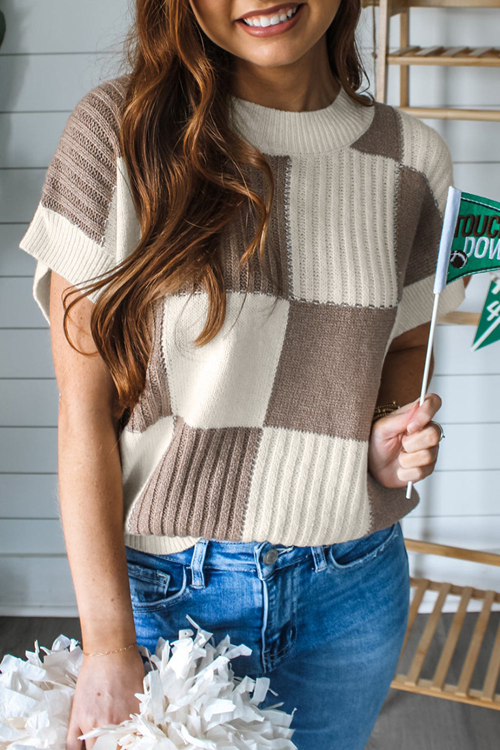 Checkered short sleeve sweater