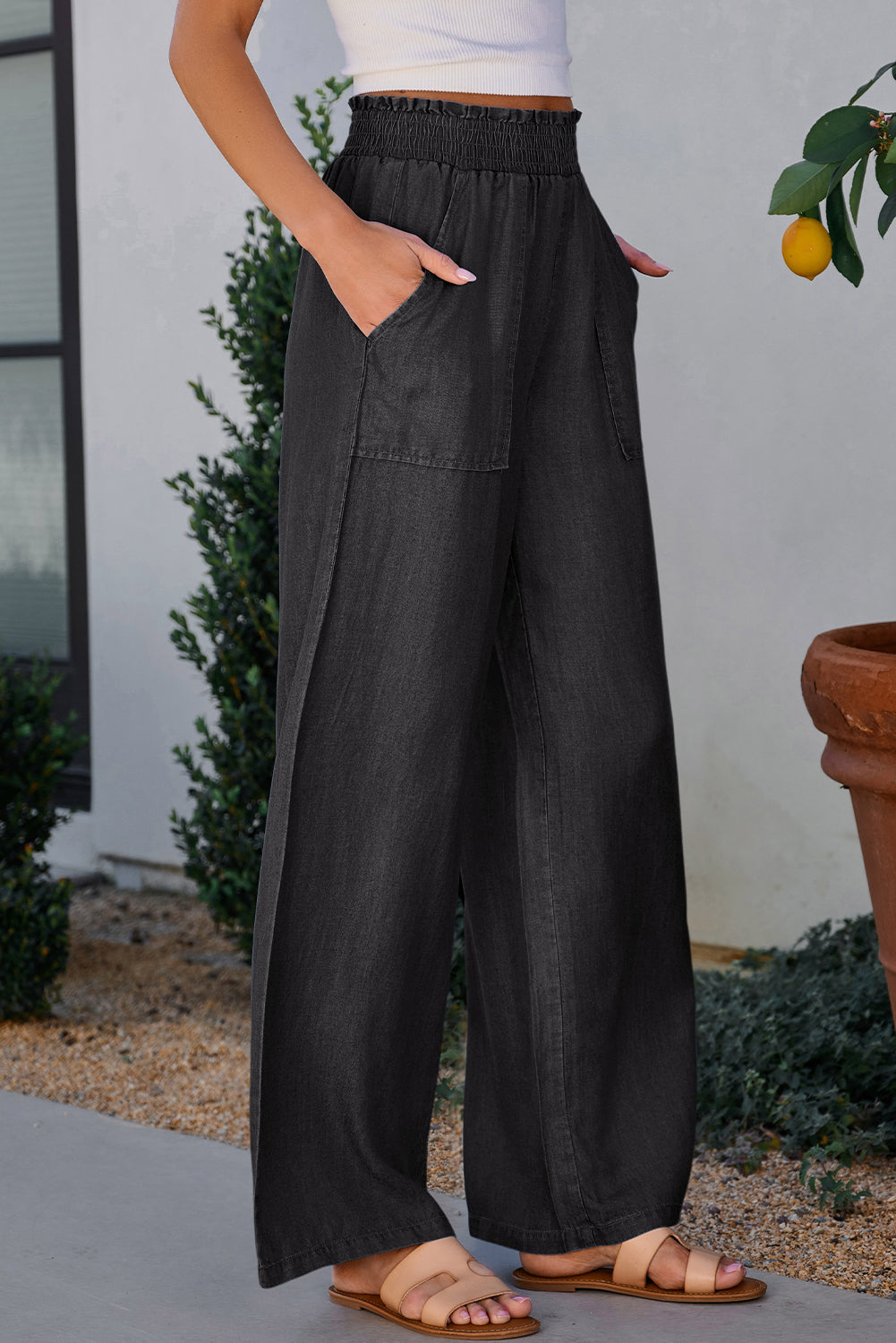 Smocked high waist jeans (black)