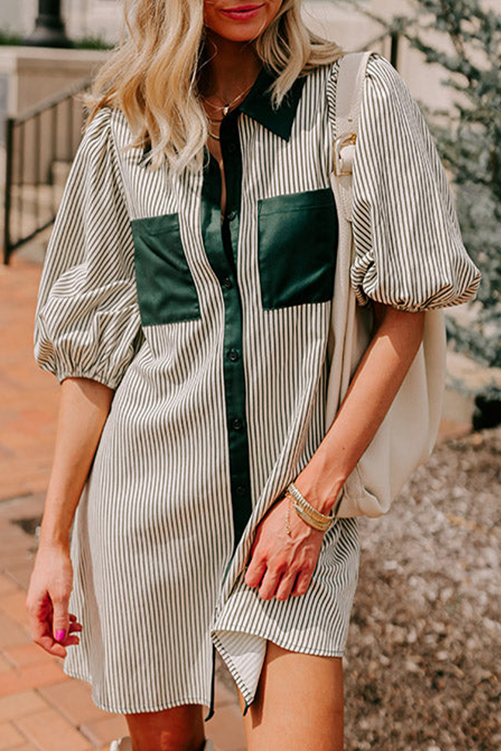 Green striped puff sleeve dress