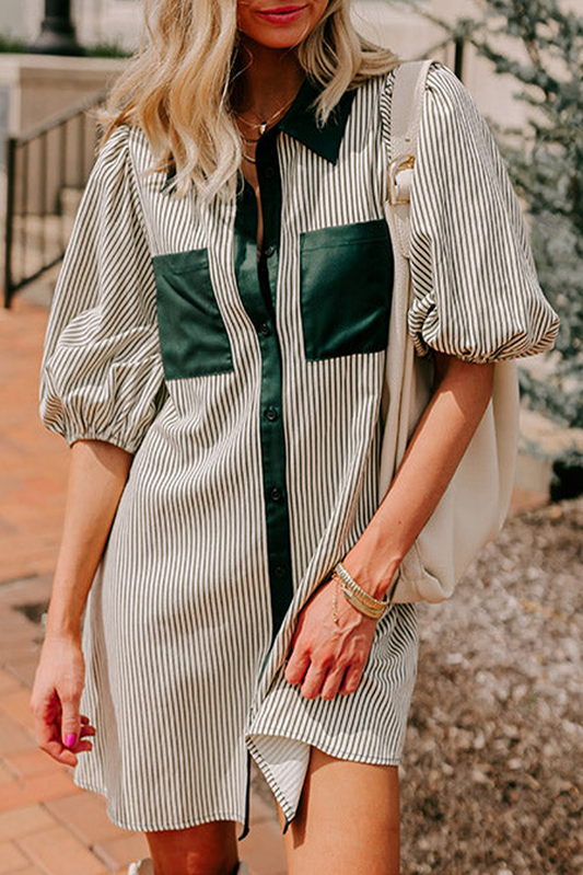 Green striped puff sleeve dress