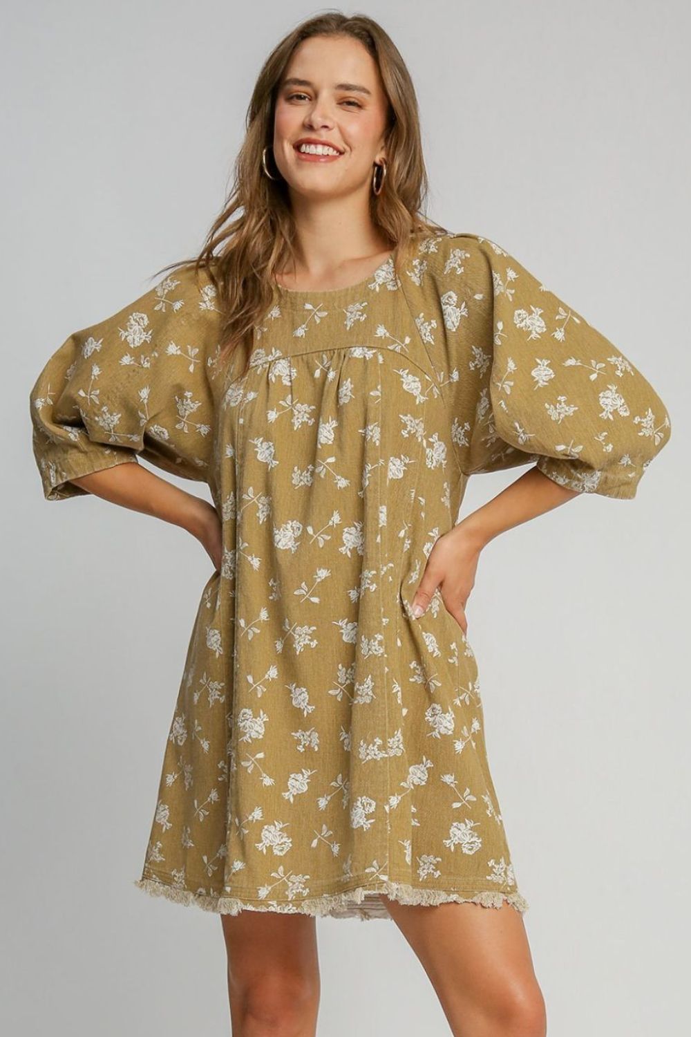 Raw hem floral denim dress