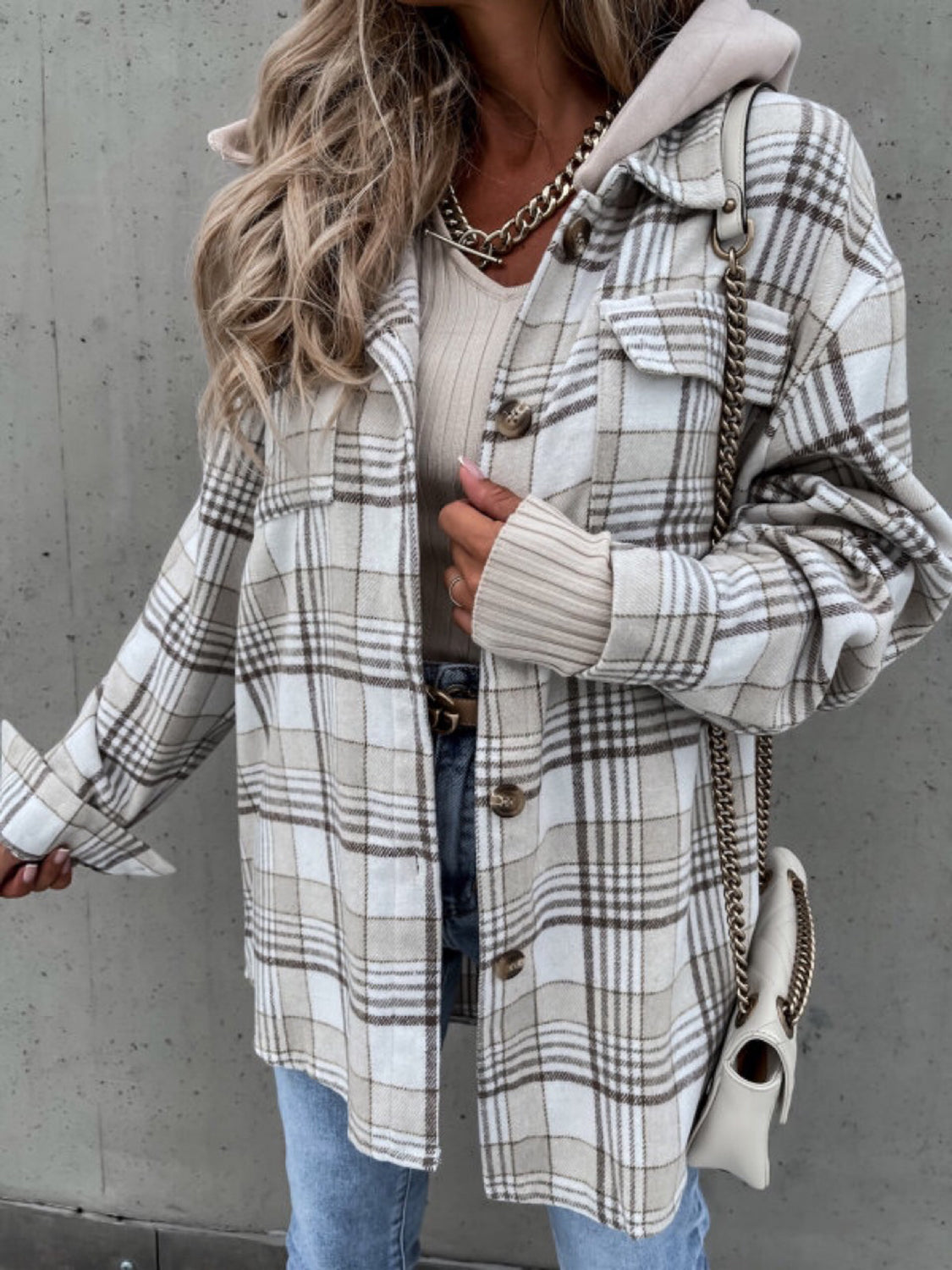 Plaid hooded shacket (camel or gray)