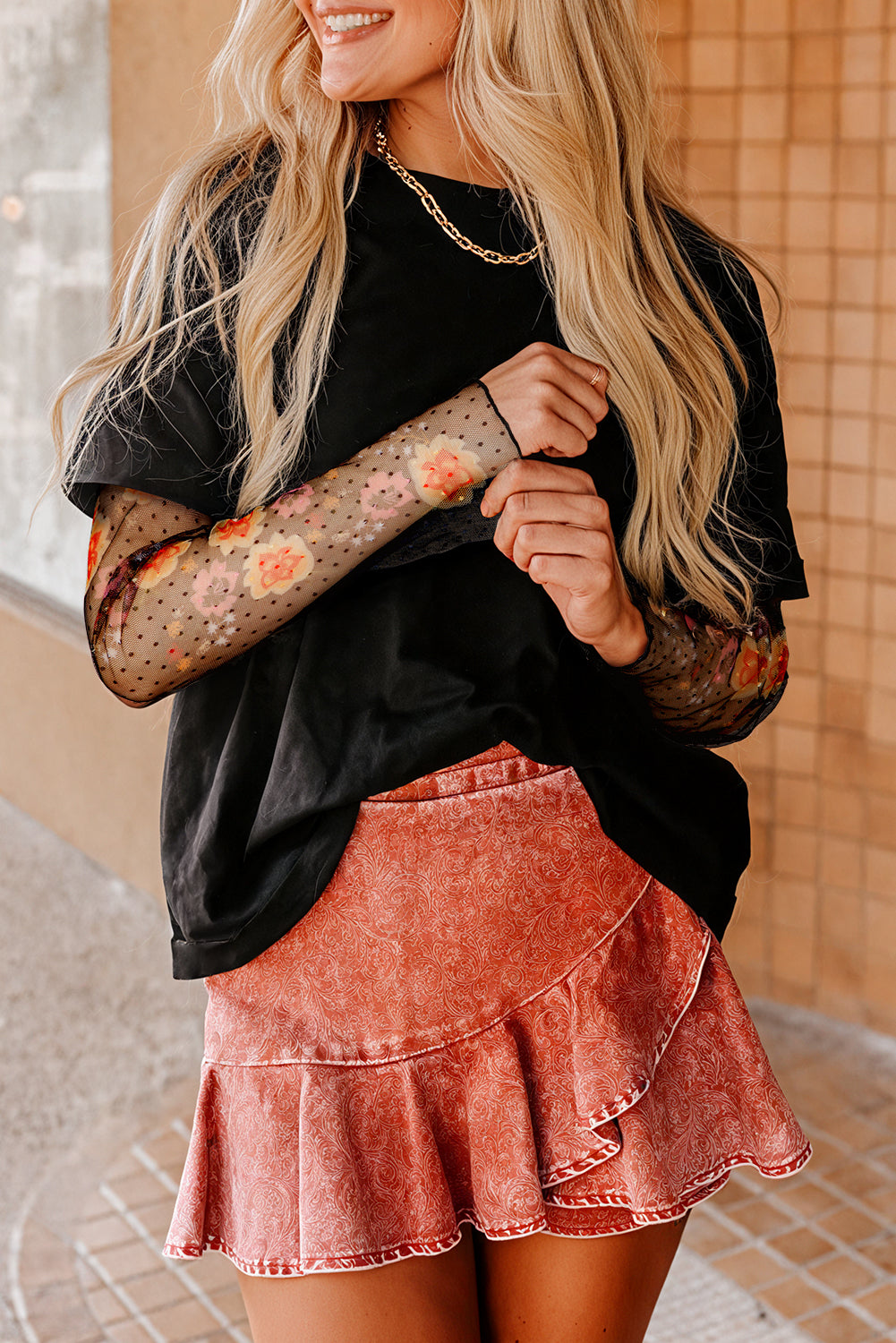 Black floral patchwork tee