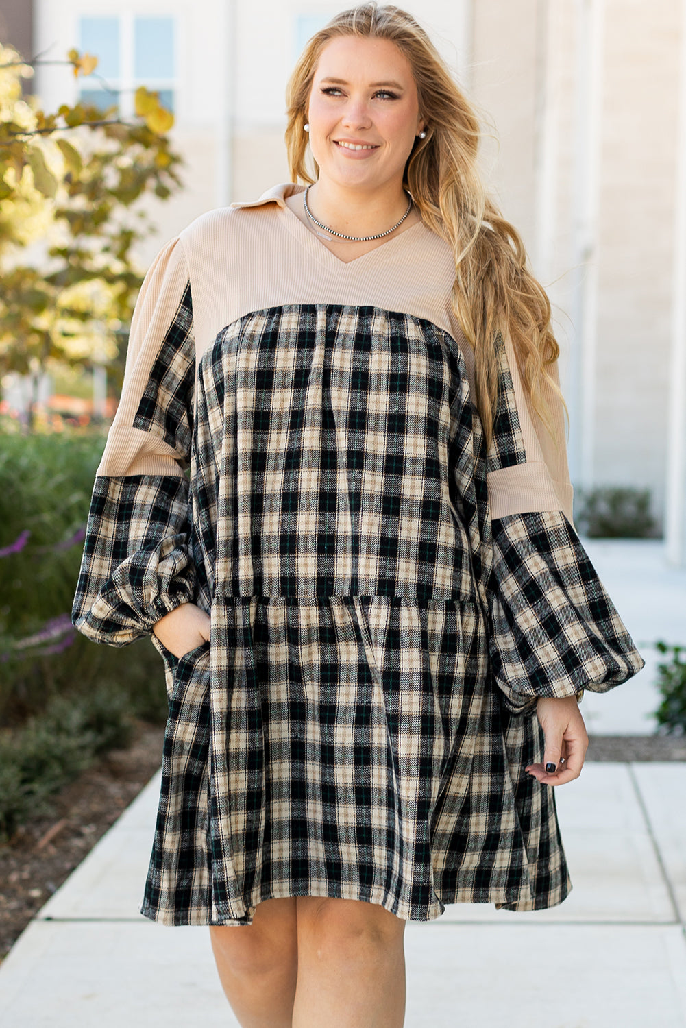 Black plaid curvy mini dress