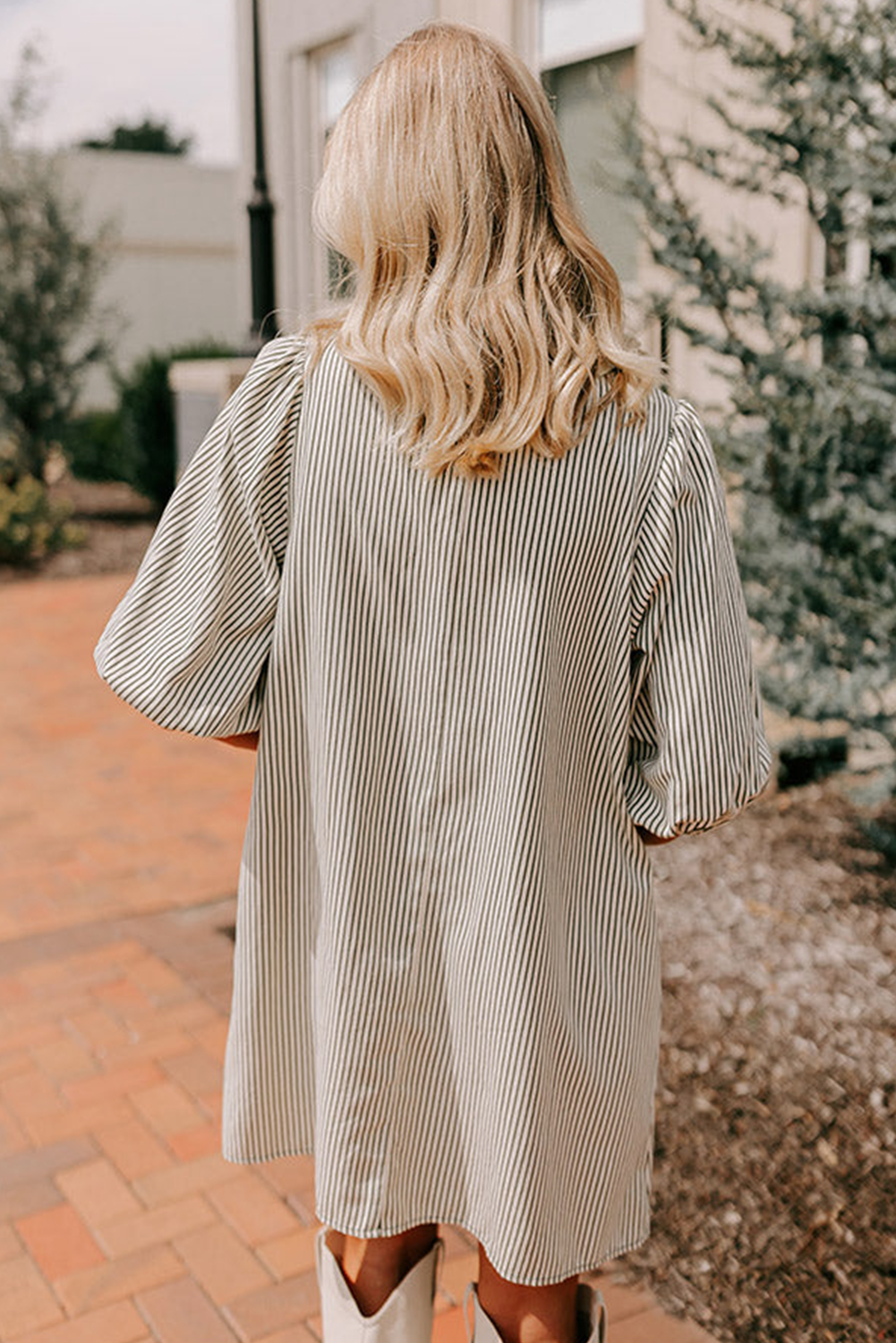 Green striped puff sleeve dress