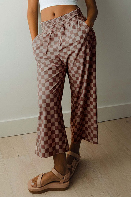 Checkered elastic waist pants (brown or blue)