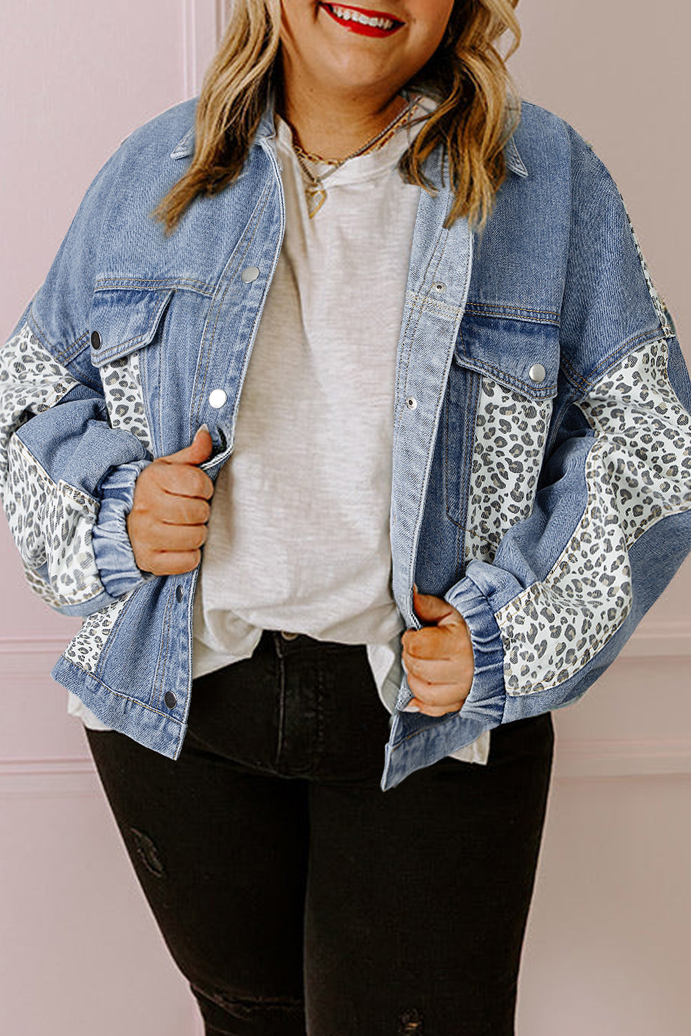 Blue leopard curvy denim jacket