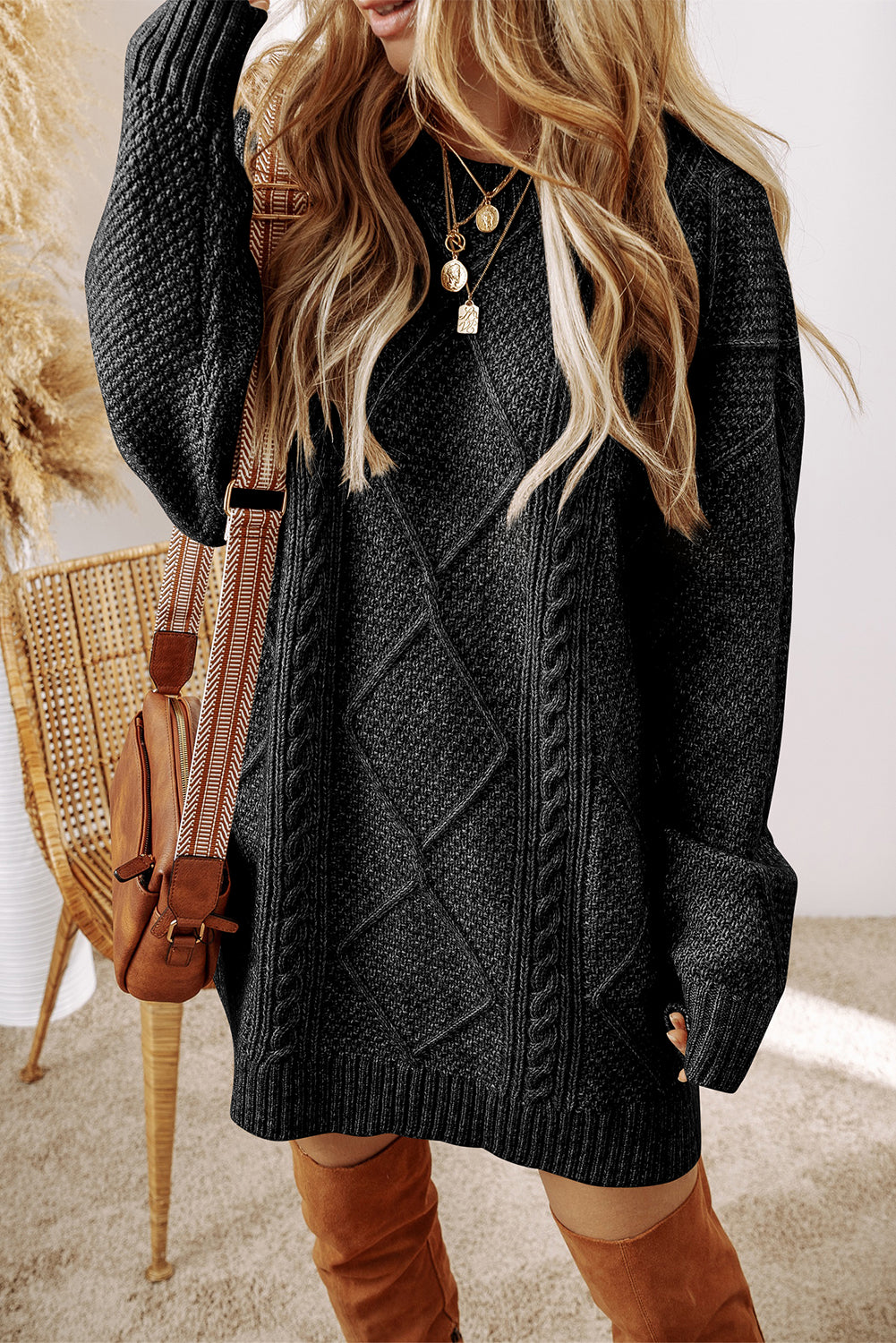 Black cable knit sweater dress