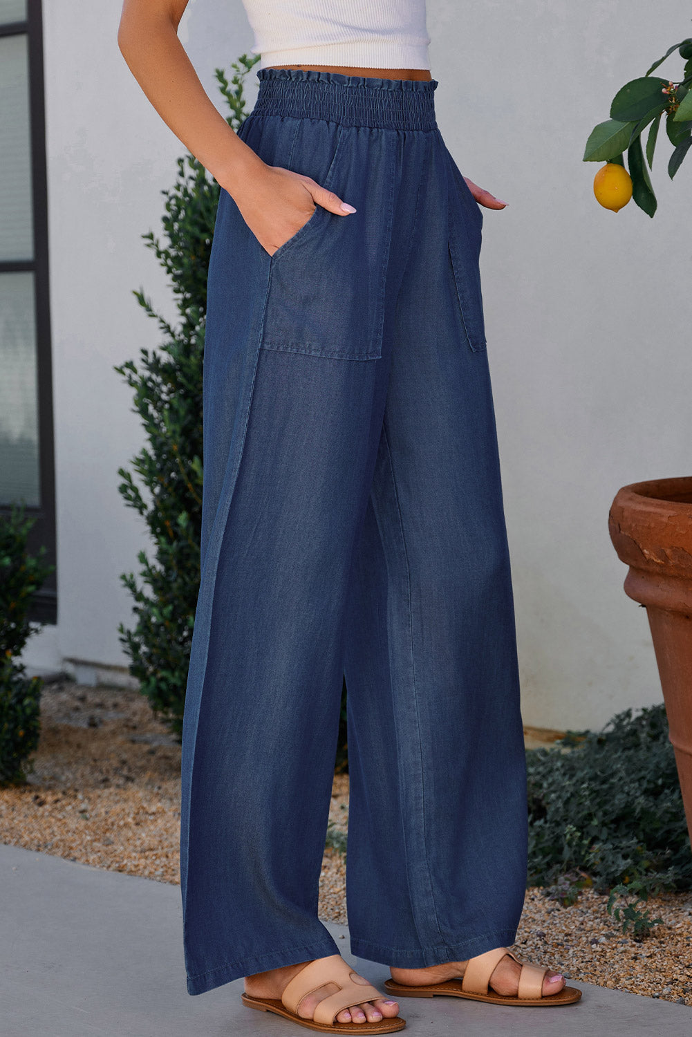 Smocked high waist jeans (blue)